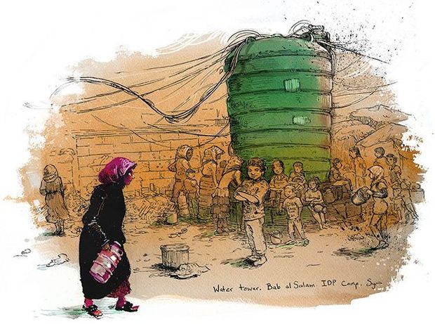Molly Crabapple's depiction of displaced Syrians at a camp south of the Turkish border.