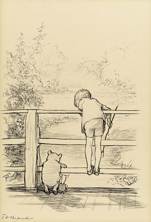EH Shepard's ink drawing of Winnie the Pooh playing Poohsticks with Piglet and Christopher Robin.
