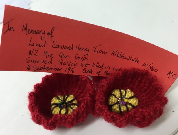 Handcrafted poppies in memory of Lieutenant Edward Kibblewhite.