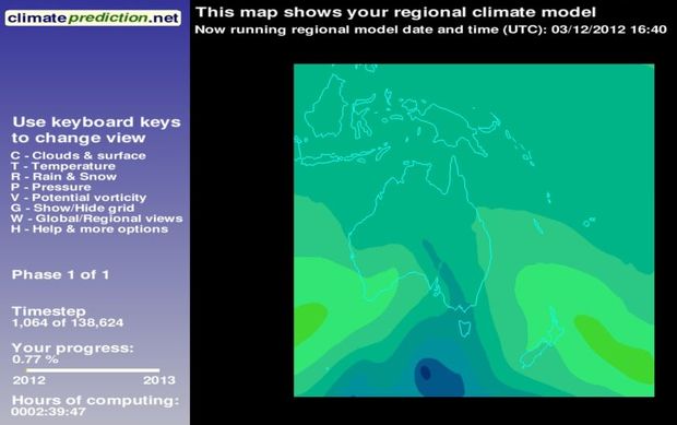 This map shows the changing surface pressure across Australia and New Zealand. It also illustrates the model participants in Weather@home run on their home computer. 