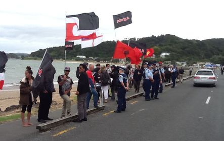 Protesters outside Te Tii Marae at Waitangi on Sunday.