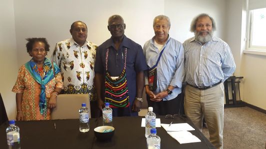 United Liberation Movement for West Papua members Mama Yosepha Alomang, Edison Waromi, AndyAyamiseba and Jacob Rumbiak with the Solomon Islands prime minister Manasseh Sogavare (centre),