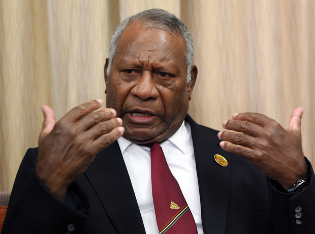 Vanuatu President Baldwin Lonsdale speaks during an interview with Agence France-Presse in his hotel room minutes before his departure to return home after attending the third UN World Conference on Disaster Risk Reduction in Sendai on March 16, 2015. 