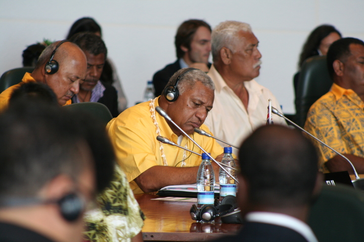 Fiji prime minister Frank Bainimarama listens to a speech at the plenary session of the Melanesian Spearhead Group leaders summit in Noumea in 2013.