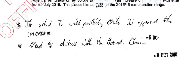 Bill English hand wrote his opposition to the pay rise at the bottom of the report.