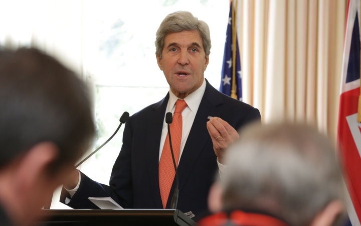 John Kerry answers media questions at the press conference at Premier House in Wellington. 