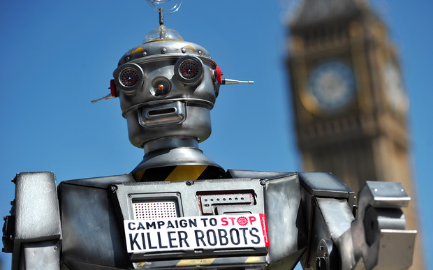 A mock killer robot during the launch of the Campaign to Stop Killer Robots in London in April 2013. 
