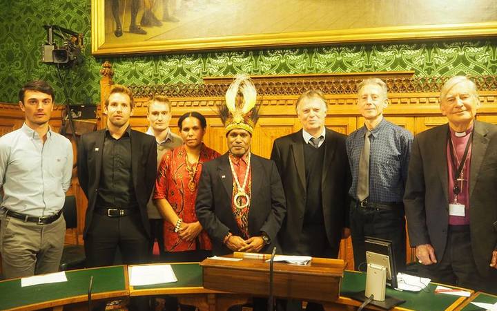 (L to R) Tim, Tom and Joel from Swim for West Papua, Maria Wenda, Benny Wenda, Rt Hon Andrew Smith MP, Peter Tatchell, Lord Harries. 