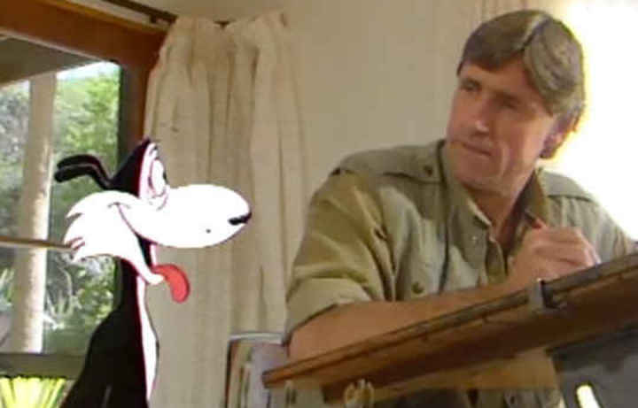 Murray Ball and The Dog, in a documentary about the making of 1986 Footrot Flats film The Dog's Tale.
