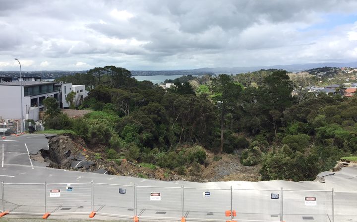 Part of the carpark slipped down the valley. Photo: RNZ / Zac Fleming