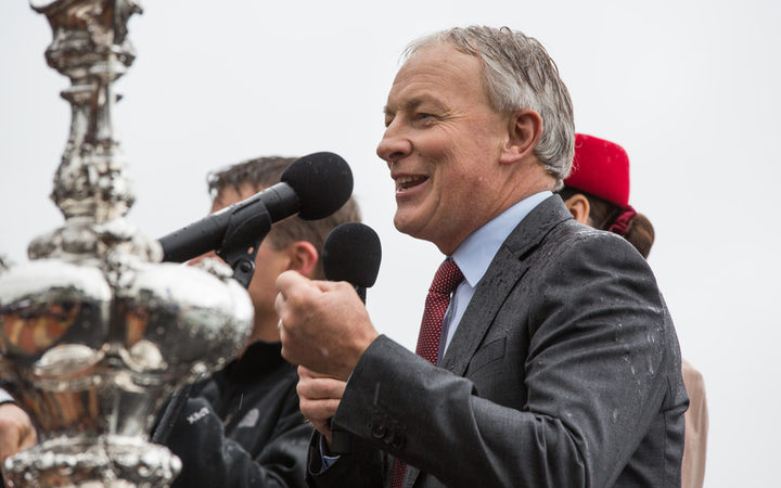 Auckland Mayor Phil Goff speaking at the parade held in his city to welcome Team NZ home, 6 July 2017.