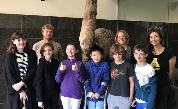 Nanogirl, Dr Lara Shepherd and Dr Alan Tennyson with students from Clyde Quay School including; Noelle Schille, Aiden Zhao, Nate Toews, Sadie Donaldson and Eleanor Royson.