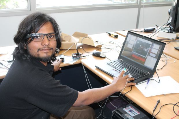 PhD Student Sudhanshu Ayyagari wearing the Google Glass display