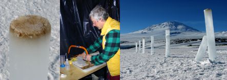 Sea ice core showing microorganisms, Ken Ryan cutting up core, and a view of various ice cores 