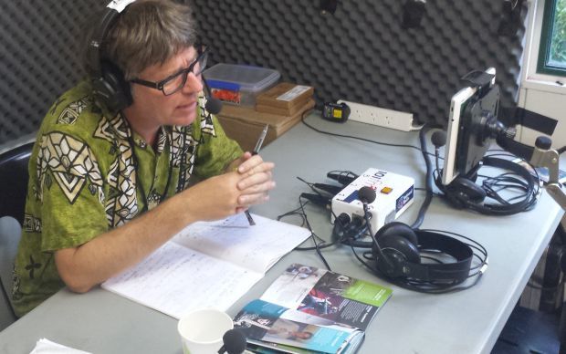 Bryan Crump broadcasting from WOMAD Taranaki RNZ
