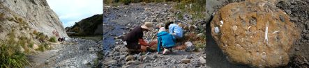 Hurupi Stream; James with children; fossil shells in rock