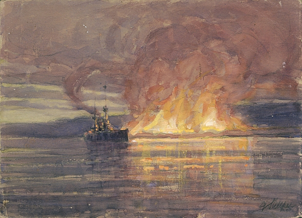 The evacuation of Suvla Bay The burning of a million pounds worth of stores last lighter coming away as dawn broke Allfree Geoffrey S FL