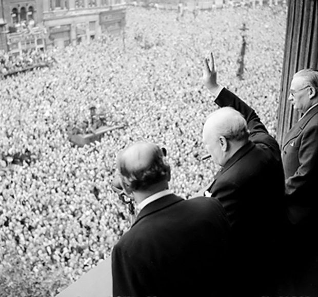 VE Day Churchill waves to crowds PD