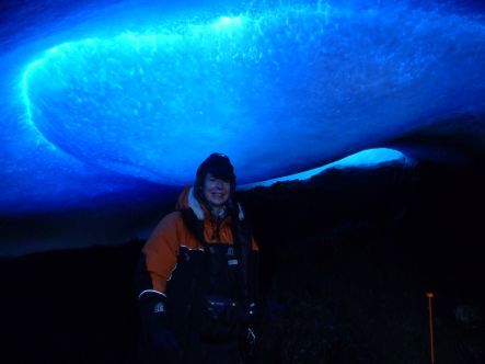 Producer Alison Ballance under the 'blue dome' in an ice cave near the summit of Mount Erebus