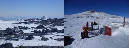 Ice towers created above steam vents, and the Lower Erebus Hut with the summit of Mount Erebus above