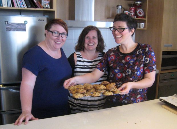 Good Bitches Baking founders Marie Fitzpatrick and Nic Murray alongside volunteer baker Claire Terry