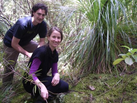 Nathan Camp and Anne Gaskett with a large patch of dung moss