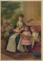 A mother plays the guitar while her two daughters sing a carol