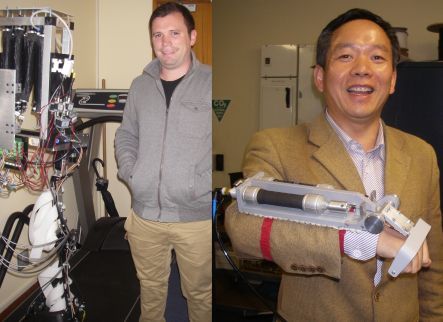 Andrew McDaid with a leg exoskeleton, and Shane Xie with a hand rehabilitation device