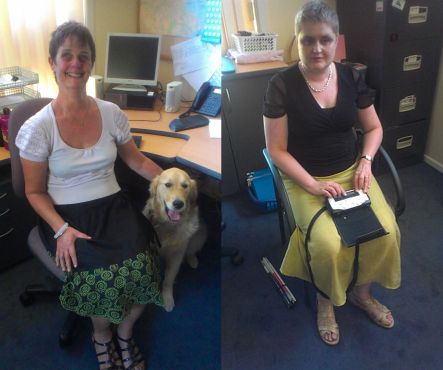 Photos of Petronella Spicer with her guide dog and Lisette Wesseling with her Braille Note Taker.