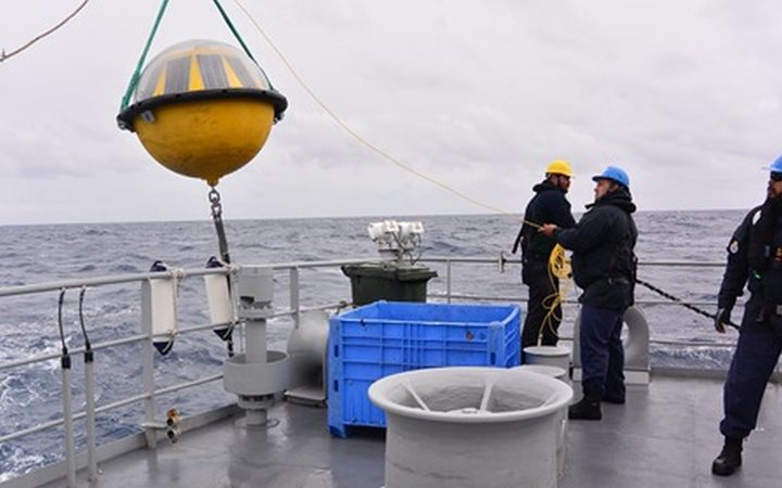 The Defence Force deploying the buoy in the Southern Ocean.