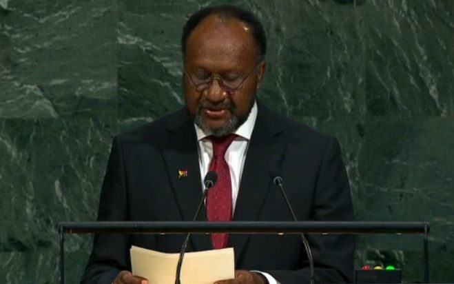 Vanuatu prime minister Charlot Salwai speaks at the UN General Assembly.