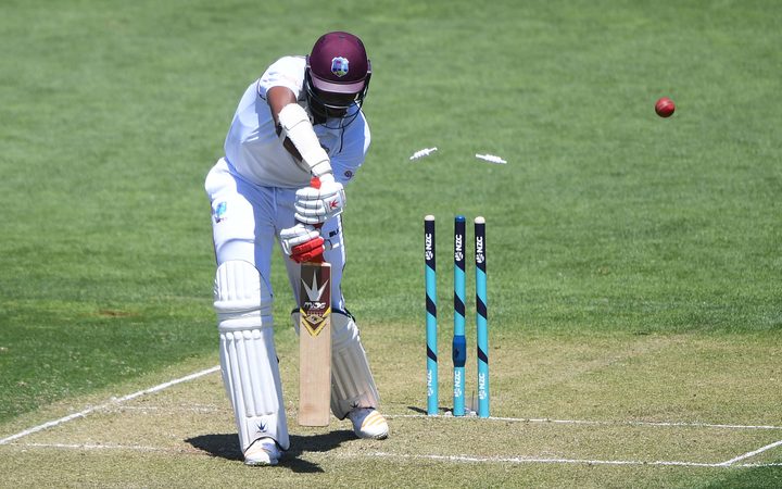 Miguel Cummins is bowled by Trent Boult.New Zealand Black Caps v West Indies. 1st test match Basin Reserve 2017.