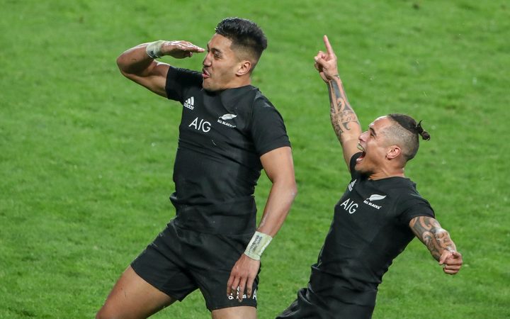 New Zealand's Rieko Ioane (left) and Aaron Smith. New Zealand All Blacks v France, International Rugby, Steinlager Series, Eden Park, Auckland, New Zealand. Saturday, 09 June, 2018.