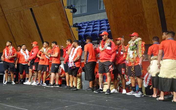 Tonga's National Rugby League team 'Mate Ma'a Tonga' on stage at the Manukau Vodafone Events Centre where fans welcomed them to New Zealand.