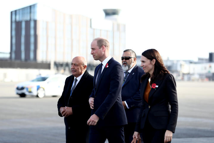 Prince William, Duke of Cambridge arrives with New Zealand Prime Minister Jacinda Ardern at the RNZAF Air Movements Terminal on April 25, 2019 in Christchurch, New Zealand.