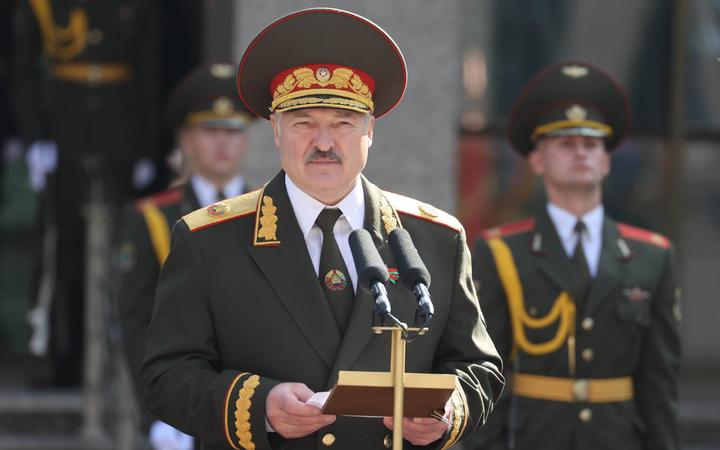 In this handout photo released by BelTA, Belarusian President Alexander Lukashenko attends the oath-taking ceremony by representatives of various military service branches of Belarus following his inauguration in Minsk, Belarus. 