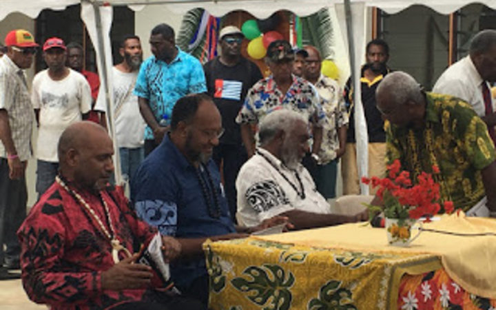 (from left:) United Liberation Movement for West Papua chairman Benny Wenda, Vanuatu prime minister Charlot Salwai and deputy prime minister Joe Natuman, as well as ULMWP deputy chairman Octo Mote at the Movement's summit in Port Vila, 1 December 2017.