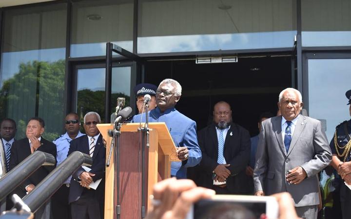Manasseh Sogavare speaks on the steps of Solomon Islands National Parliament shortly after winning the prime ministerial election. 24 April 2019