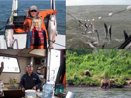 Mike and Sarah Radon fishing for salmon, salmon in the net, Mike in the galley, and bears on the foreshore.