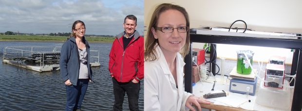 Nicola Brown and Andy Shilton next to a msall water treatment pond, and with a flask of algae in the lab