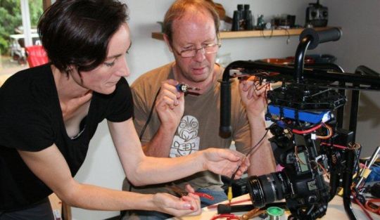 Jess Charlton and Simon Baumfield in the secret workshop with Octi-coptor and drone creations