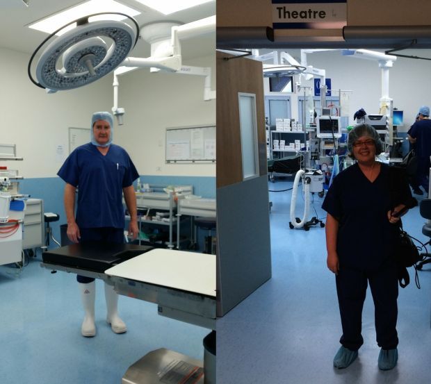 Peter Devane in surgery and Ruth Beran in front of the operating theatre