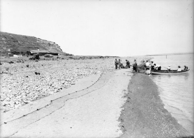 Shoreline at Lake Ferry with fishing party circa s by Sydney Charles Smith Alexander Turnbull Library
