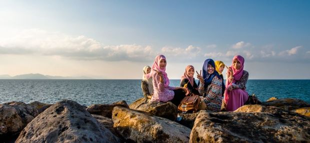 Young women on a new sea wall Banda Aceh