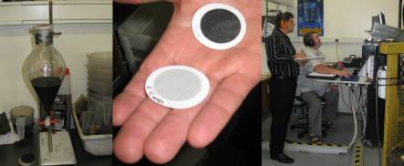 Emulsified diesel fuel, smoke test filters showing difference between normal and emulsified diesel emissions, Leigh Ramsay and Tony Devos taking readings