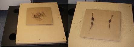 tea dust sprinkled on corrugated paperboard, before (left) and after (right) being exposed to vibrations of a particular frequency