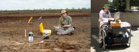Susanna Rutledge setting up the eddy covariance carbon dioxide measuring system on a tower above bare peat soil 
