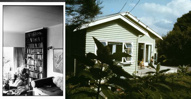 Maurice Shadbolt in his living room and the exterior of the house