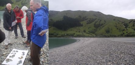 Field trip members, and Cable Bay's boulder barrier