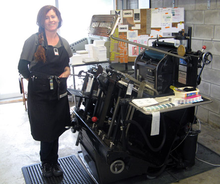 Shona Gow of Magpie Press and her Heidelberg letterpress printing machine, Hildegard